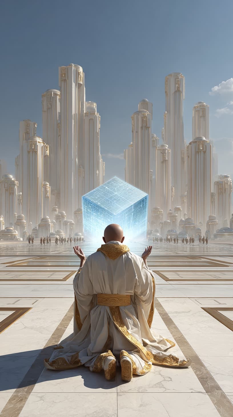 Osoba klęcząca przed świetlistym sześcianem - symbol poszukiwania przewodnictwa